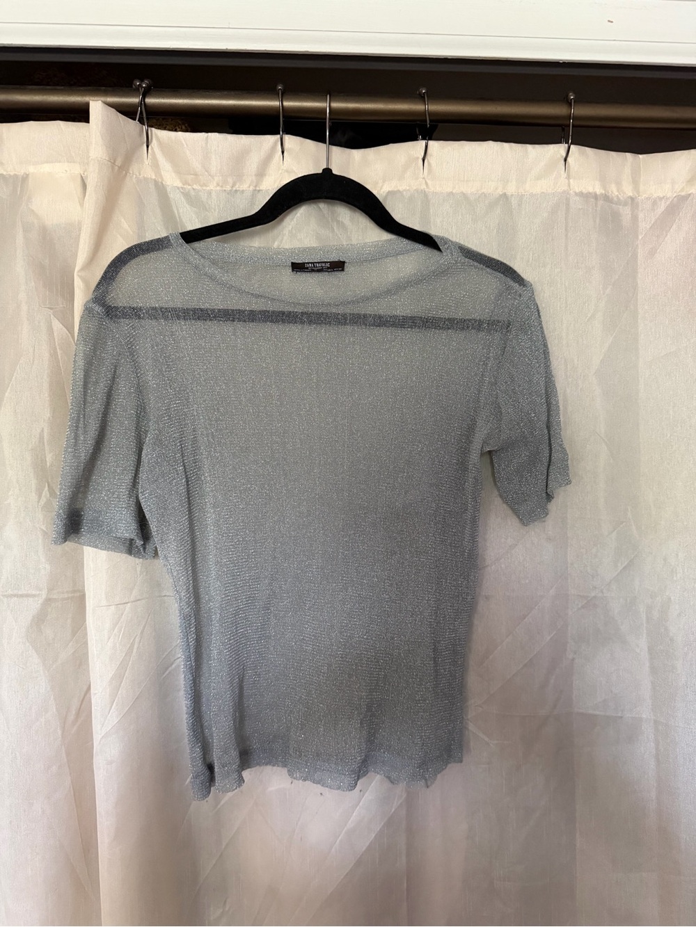 Zara Metallic Silver Short Sleeve Sheer Knit Top